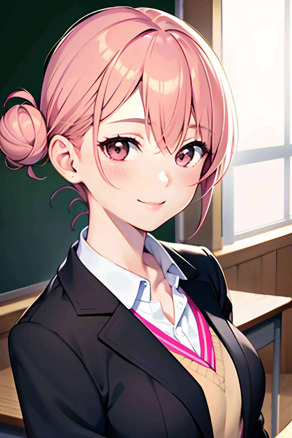 best quality, masterpiece, portrait, close up, upper body,
1girl, yuigahama yui, pink hair, brown eyes, short hair, single hair bun, medium breasts, school uniform, black jacket,
indoors, classroom,
looking at viewer, smile