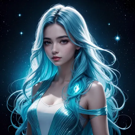 desenho de uma mulher jovem bonito, long flowing hair, corpo brilhante bioluminescente transparente, em um fundo escuro profundo...