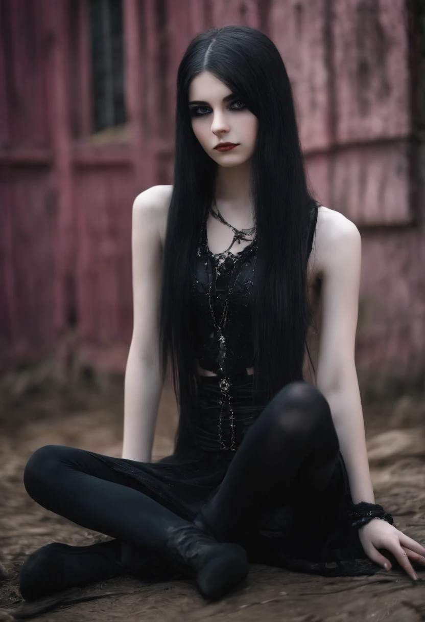 A close up of a woman with long black hair sitting on a dirt ground -  SeaArt AI