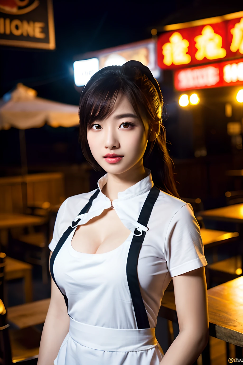 (()), (8k, RAW photo, best quality, masterpiece:1.2), (realistic, photo-realistic:1.37), ultra-detailed, full body, 1girl, solo, detailed restaurant, crowd people, night, full body, ((gigantic breasts, huge breasts)), beautiful detailed eyes, beautiful detailed lips, professional lighting, photon mapping, radiosity, physically-based rendering, extremely detailed eyes and face, beautiful detailed eyes, light on face, cinematic lighting, ((apron:1.4, wardrobe_error)), full-body shot, looking at viewer, indoors, working.