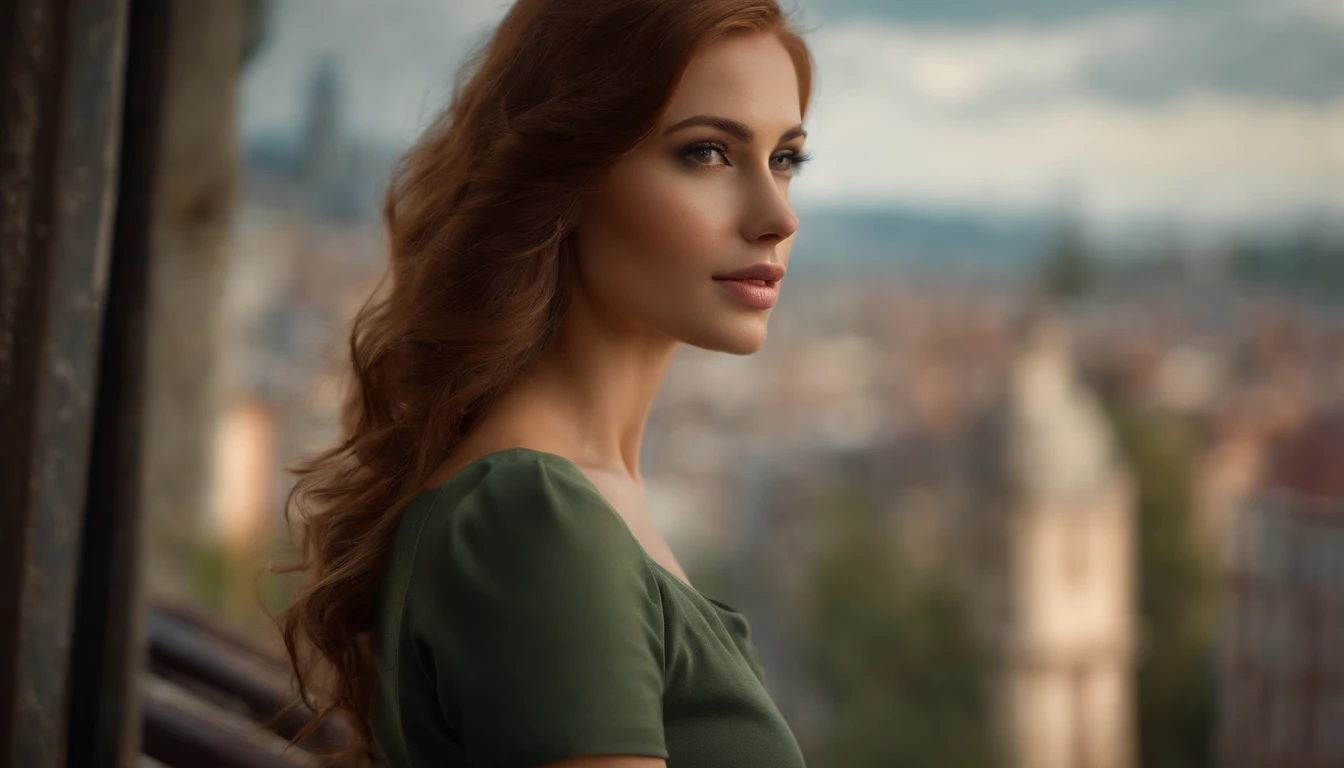 professional, (4k photo:1.1) by (Jeremy Lipking:0.3), (Dittmann Anna:0.3), (Arian Mark:0.3), (Sharp focus:1.3), high detail, wearing (tight shirt:1.2), beautiful detailed face, hazel eyes, long auburn  hair, (attractive young woman:1.3), (seductive:1.1), (blushing:1.1), hourglass body shape, small round breasts, wide hips, in background city