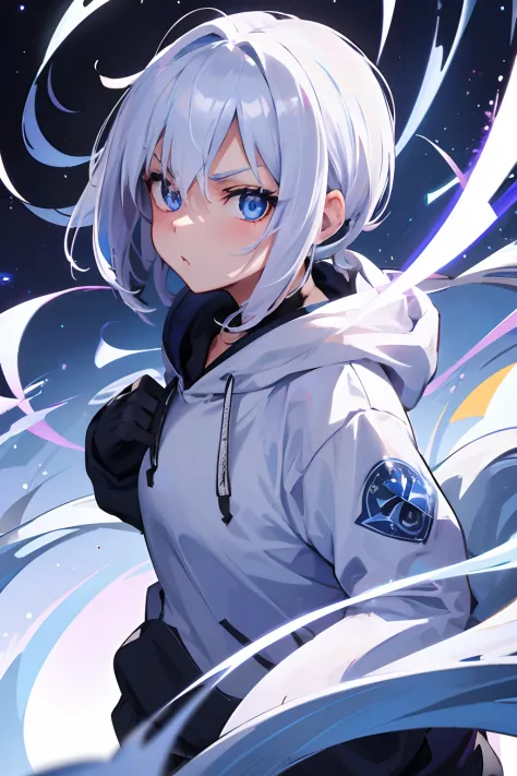 1girl, hoodie, blue eyes, white hair, pony tail, ultrasharp, short hair, 8k, looking at viewer, pretty eyes, perfect hands, mean stare
