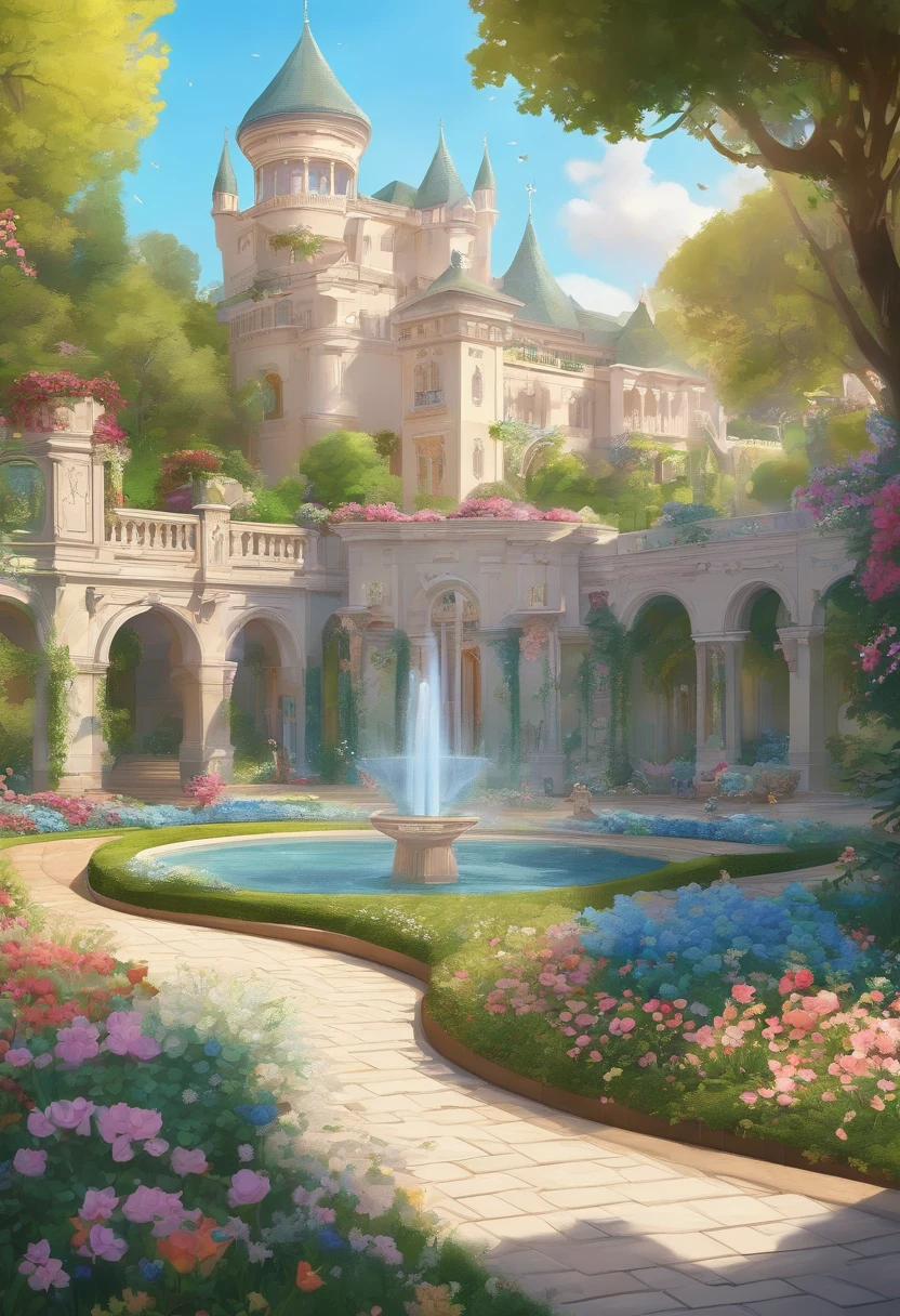 (best quality, masterpieces, detailed, new features), A majestic garden in the center of English style castle, elegance architecture with glowing effects and white fountain, vibrant flower field cover the area. Astonishing details that are intricately crafted. zoom in.