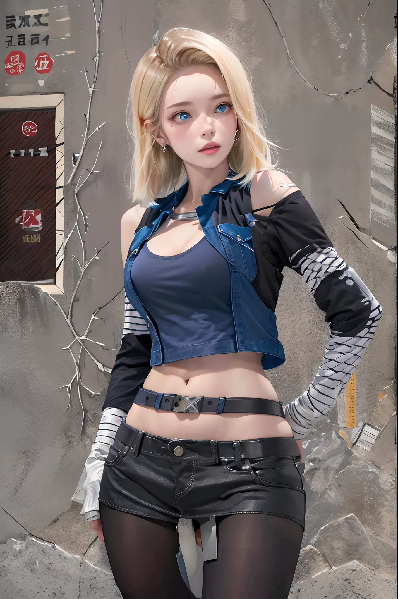 Best quality at best， A high resolution（1.5）， and 18， 1girll， Android 18， 独奏， blond hairbl， eBlue eyes， short detailed hair， 耳Nipple Ring， jewely， denim vest， Open vest， black pantyhoses， Black shirt， Denim skirt， Striped long sleeves， blue skirts， Large breasts， cowboy lens， the street， （Expand the chest externally：1.2）， （No shoulder strap：1.2）， cropped shoulders，