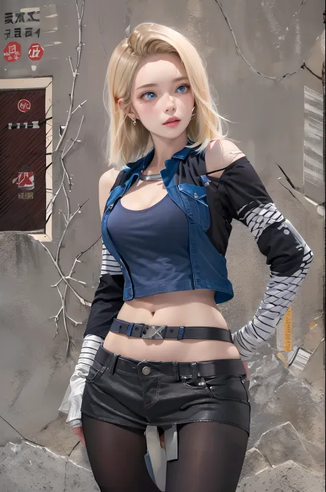 Best quality at best， A high resolution（1.5）， and 18， 1girll， Android 18， 独奏， blond hairbl， eBlue eyes， short detailed hair， 耳Ni...