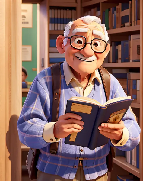A wise old man standing in front, sorrindo, contra o pano de fundo de uma biblioteca