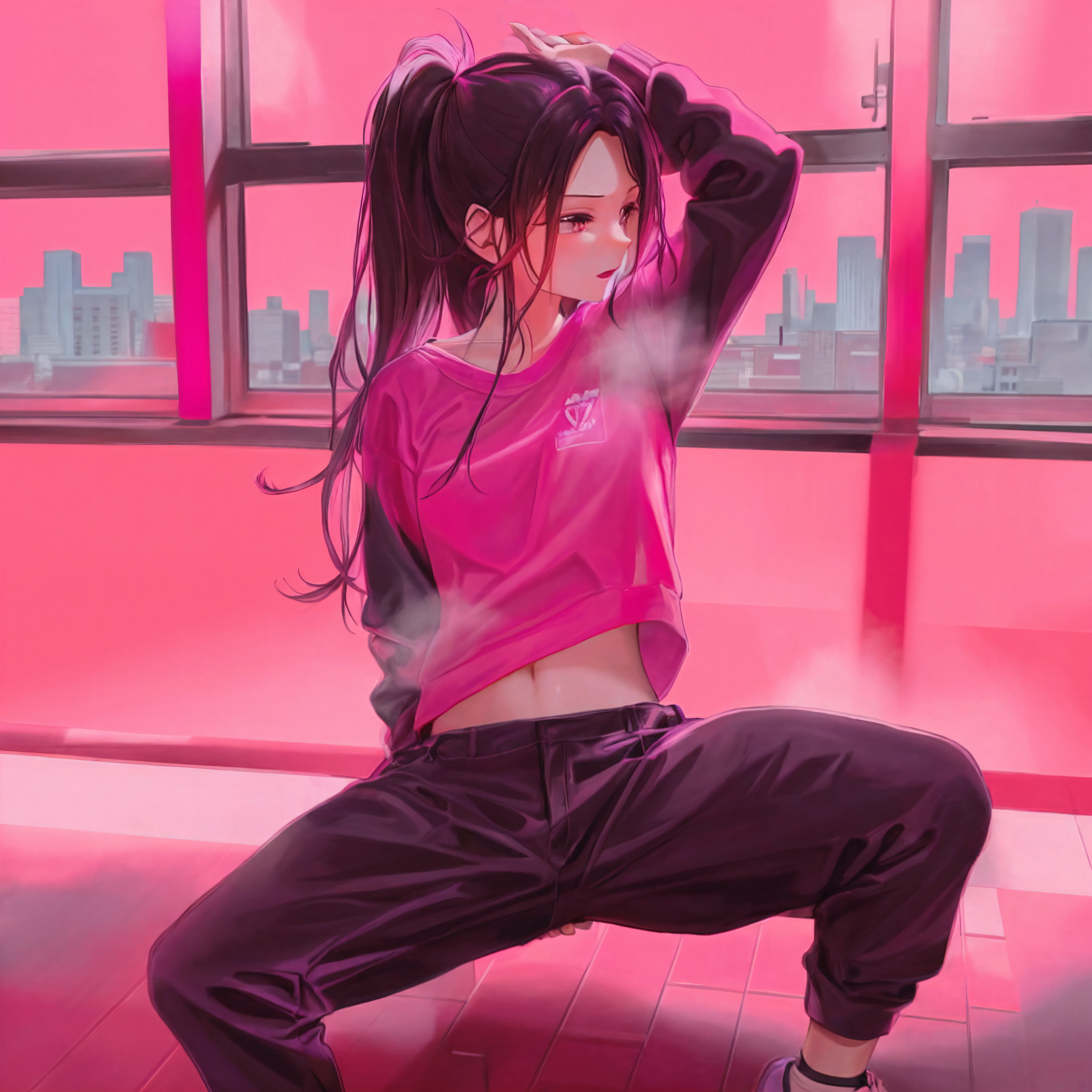 Anime girl in pink shirt and black pants posing in front of a window -  SeaArt AI