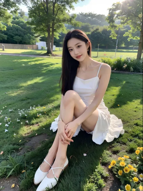 ，masterpiece, best quality，8k, ultra highres，Reallightandshadow，Cinema lenses，(beautidful eyes:1.1)， ((中景 the scene is，The upper part of the body))，dynamicposes，On a green meadow，A gentle goddess came with a gentle step。She wore a white dress，A gentle bree...