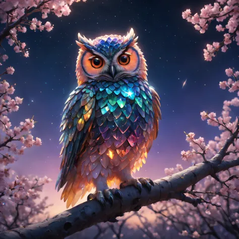 Crystal Owl，(Made of rainbow crystals)，bioluminiscent creature,(peach blossom),(On the delicate branches)、Iridescent colors and ...