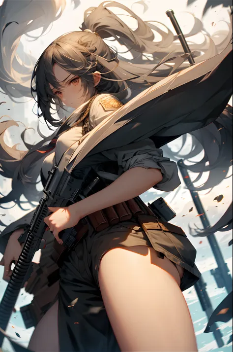 1girll，long whitr hair，Holding guns and weapons