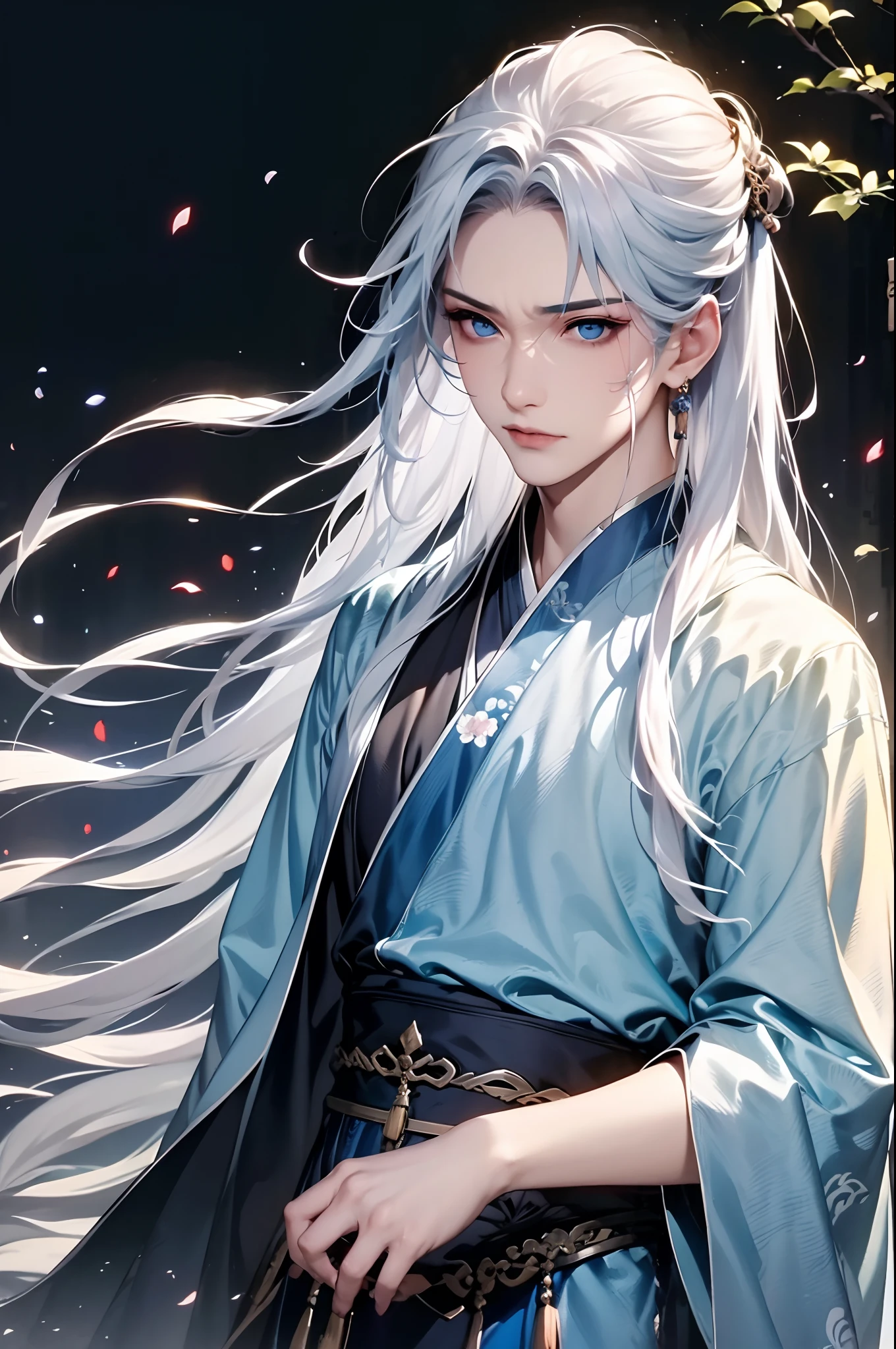 1boys, 独奏，（the night：1.2）long whitr hair, Blue eyes, Chinese clothes，Hanfu，mont，waterfallr，florals，The tree，florals，dynamic shot，dynamicposes，