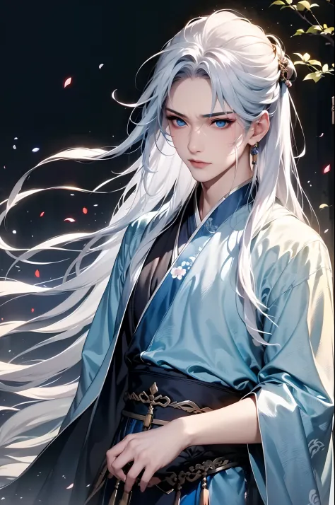 1boys, 独奏，（the night：1.2）long whitr hair, Blue eyes, Chinese clothes，Hanfu，mont，waterfallr，florals，The tree，florals，dynamic shot...