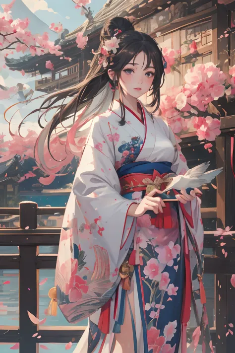 Anime girl in kimono dress，With a fan and a bird, Palace ， A girl in Hanfu, by Yang J, A beautiful artwork illustration, Beautif...