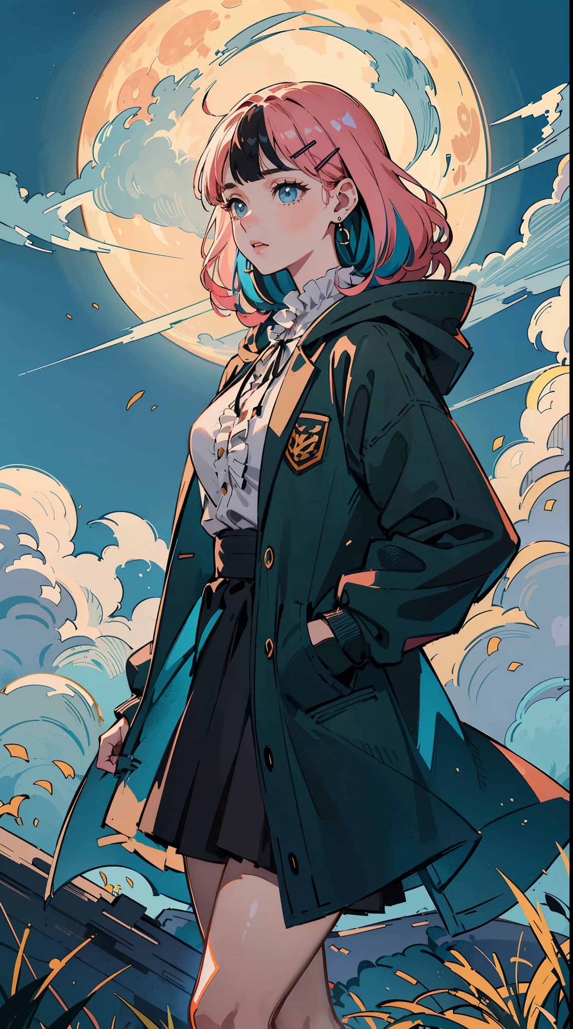 ((((frills,large black hoodie,))))((hands in pockets,))(Masterpiece illustration,Beautiful and aesthetic:1.2,head up,aim to sky), Best quality,Top quality, Epic quality,((((nature,on a hill,the top of the hill   ,outdoor,cloudy,by the moon))))(moonlight,moon glare, god light, shot,focus on face,))Neat face,,mature,Beautiful detailed hair，pink hair，hyper HD, retinas, Textured skin, A high resolution, 16k ，((hairclip,blunt bangs,sidelocks,middle hair，natural curly hair)),Detailed face, 1JK, lady,Solo, Perfect face, Very amazing girl,((skindentation,high waist skirt,black streaked blue coat,large cloak,spiral earrings)),rim-light,