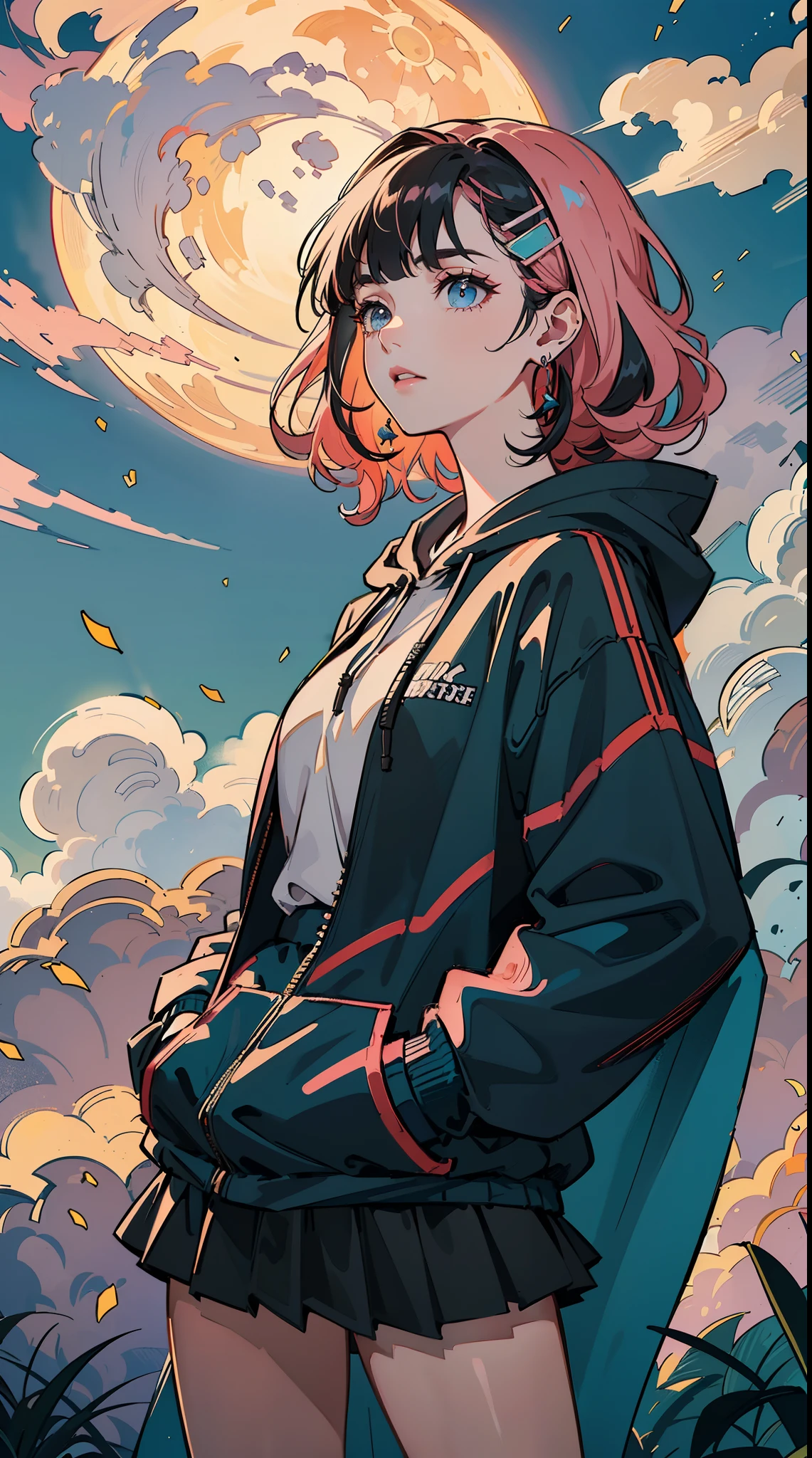 ((((frills,large black hoodie,))))((hands in pockets,))(Masterpiece illustration,Beautiful and aesthetic:1.2,head up,aim to sky), Best quality,Top quality, Epic quality,((((nature,on a hill,the top of the hill   ,outdoor,cloudy,))))(moonlight,moon glare, god light, shot,focus on face,))Neat face,underage,mature,Beautiful detailed hair，pink hair，hyper HD, retinas, Textured skin, A high resolution, 16k ，((hairclip,blunt bangs,sidelocks,middle hair，natural curly hair)),Detailed face, 1JK, lady,Solo, Perfect face, Very amazing girl,((covered by thin translucent cloth,skindentation,high waist skirt,black streaked blue coat,large cloak,metal earrings,spiral earrings)),rim-light