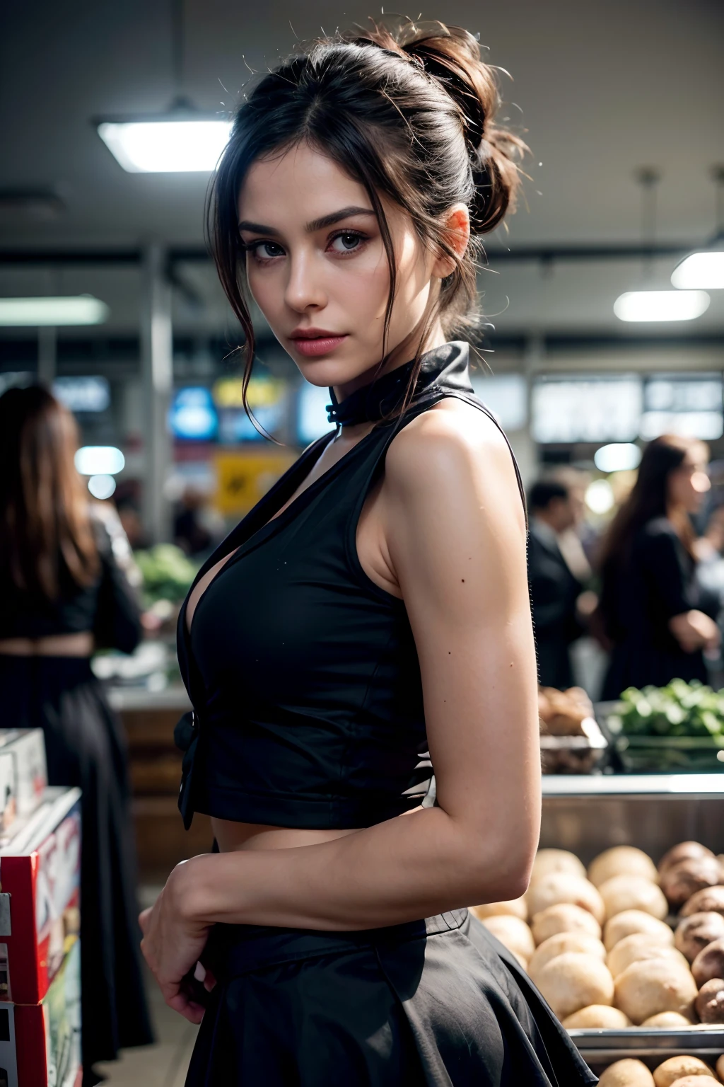 raw photo of a line of 5 or 6 people at store, everyone in line faces forward, (except one woman:1.4, she turns to camera:1.3) , she is a gorgeous, she's looking at us nobody else is looking in our direction,(interior of grocery store, variety of people in line:1.3)), everyone wears business outfits,), interior of florescent lit store, (filled with food packaging), only one looks at us, realistic photo, (40% of photo is black in drawing:1.4), she's has an (eye contact:0.3) skill , (she wears black tight skirt with red blazer, jewelry) and is intensely looking at camera, (flirty look:0.9) beautiful face, slight smile, intense presence, masterpiece, obsessively detailed store details, cozy relaxed, catching us, beautiful hands, kind eyes, gorgeous, incredible details, ((high contrast)), (deep, darkest shadows), (shadow details:1.0), ((taken using Leica camera, aperture: f/2.3)) , hyper-realistic skin, pores, scar, mole, (she has dark hair pulled away from face, tidy updo), smokey eye makeup,, her arms relaxed , relaxed moment, she's in dark with natural light glow, (romantic light:1.2), radiant skin, perfectly framed face, perfect relaxed hands, perfect fingers, (perfect portrait, incredible eyes:1.1), a work of art,sexy beautiful composition, golden ratio, inspiring, (highest quality fabric texture), every detail,Fine facial features – (Highest Quality) ,Leica camera film, High quality ○○ detailed – ○○ details ultra detailed(Ultra-fine ), Photorealistic, Extremely detailed(Extremely detailed) , (highest detail image, lens flare, realistic)○○ res – ○○ resolution ultra high res(A high resolution),playful relaxed photos