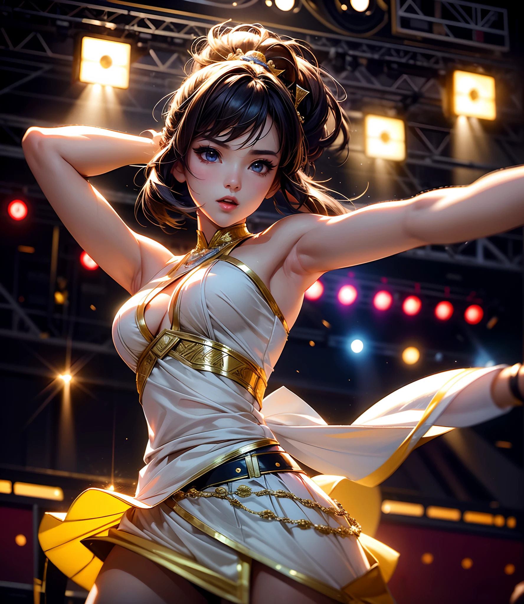 Solo girl, A beautiful k-pop idol girl, performing on stage wearing small costume, sexy, intricate details, 8k, super detailed, hyper realistic, consert, hot girl, cinematic lighting and cinematic photo