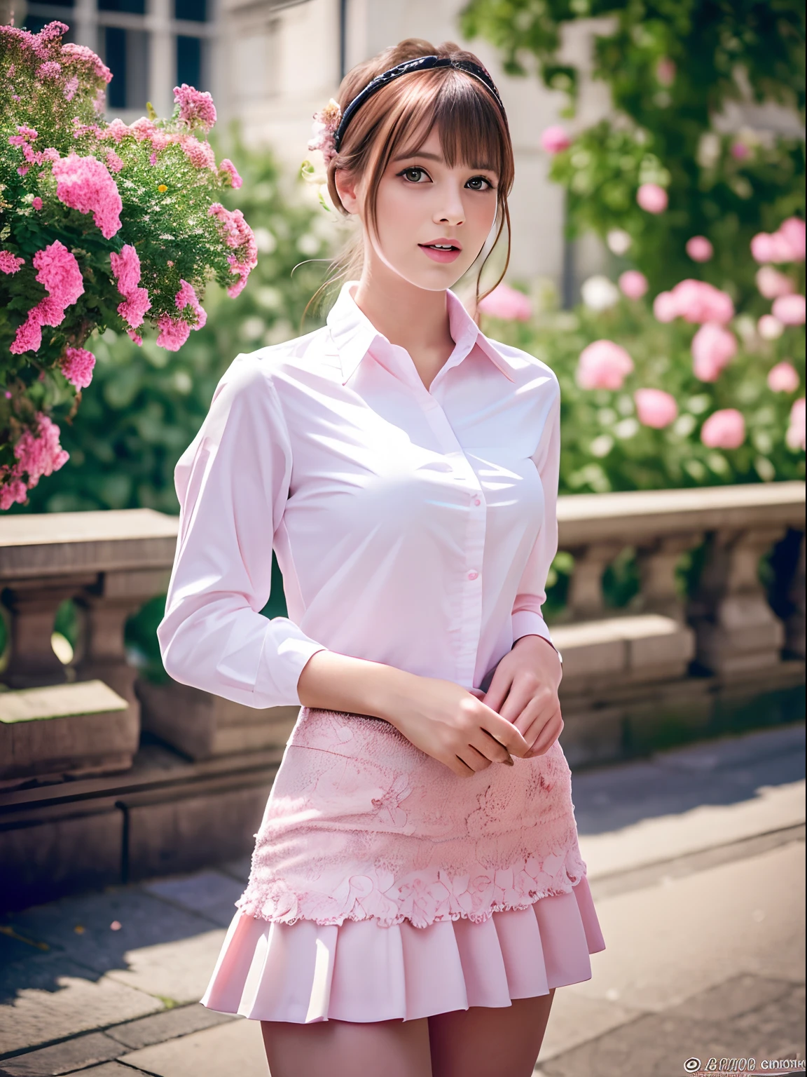 High-quality images，(Absurd, High resolution, ultra-detailliert), 1girl in, Solo, Very detailed eyes, (Official art, Beauty and aesthetics: 1.2), (Fractal Art: 1.3), White-pink shirt and skirt，best detailed，Streets of London，