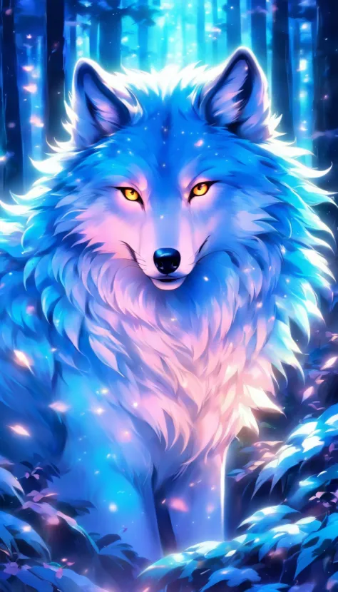 The most beautiful and enchanted wolf spirit, Pelo branco, olhos azuis brilhantes, na mais bela floresta encantada, altamente detalhado, Obra-prima perfeita, alta qualidade, high resolution, um lobo branco