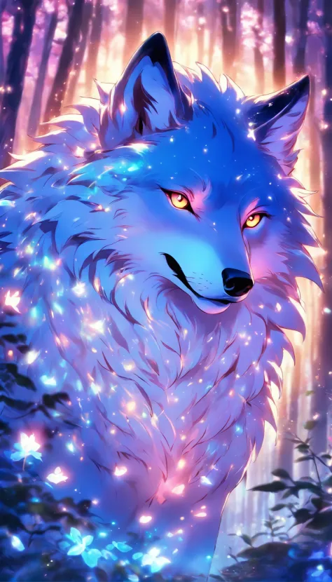 The most beautiful and enchanted wolf spirit, Pelo branco, olhos azuis brilhantes, na mais bela floresta encantada, altamente detalhado, Obra-prima perfeita, alta qualidade, high resolution, um lobo branco
