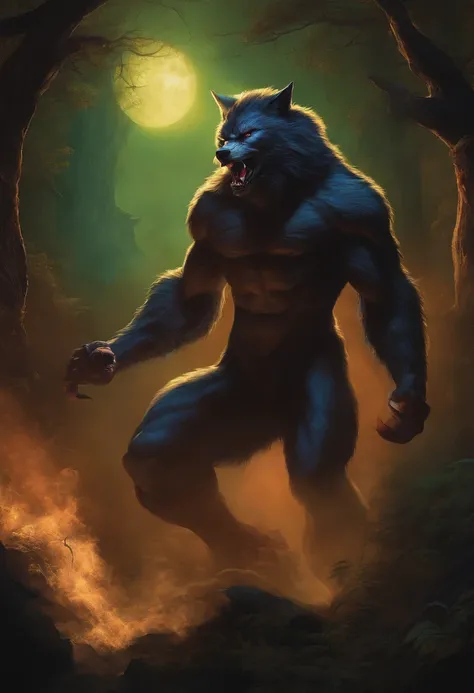 Ein Gemälde von einem Werwolf, der mit den Händen in den Hüften im Wald  steht - SeaArt AI