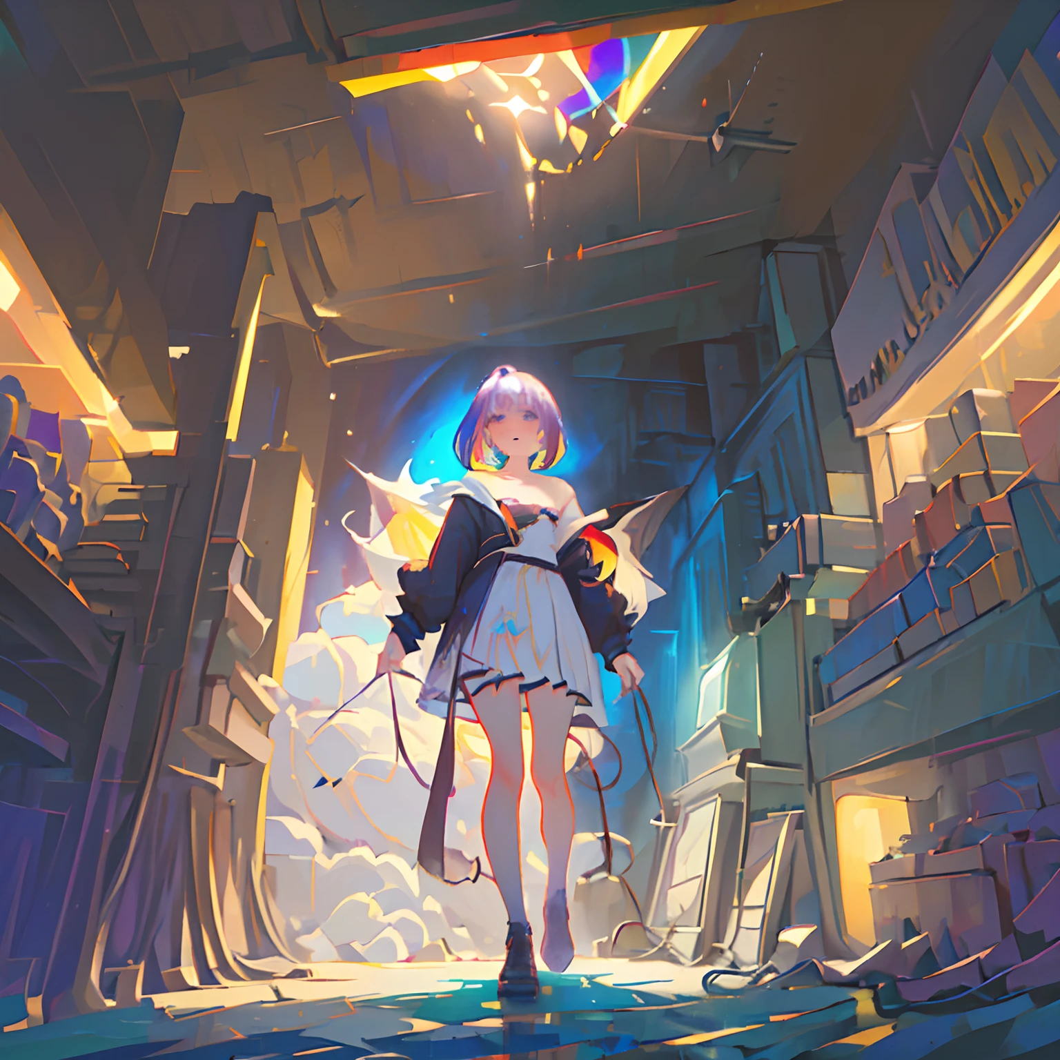 masterpiece, best quality, dreamwave, aesthetic, (split, heaven and hell:1.4), cavern, clouds, (multicolored background, multicolored lights, magic, black hole), 1girl, solo, standing, full body, armored dress, white dress, purple hair, smug, short hair