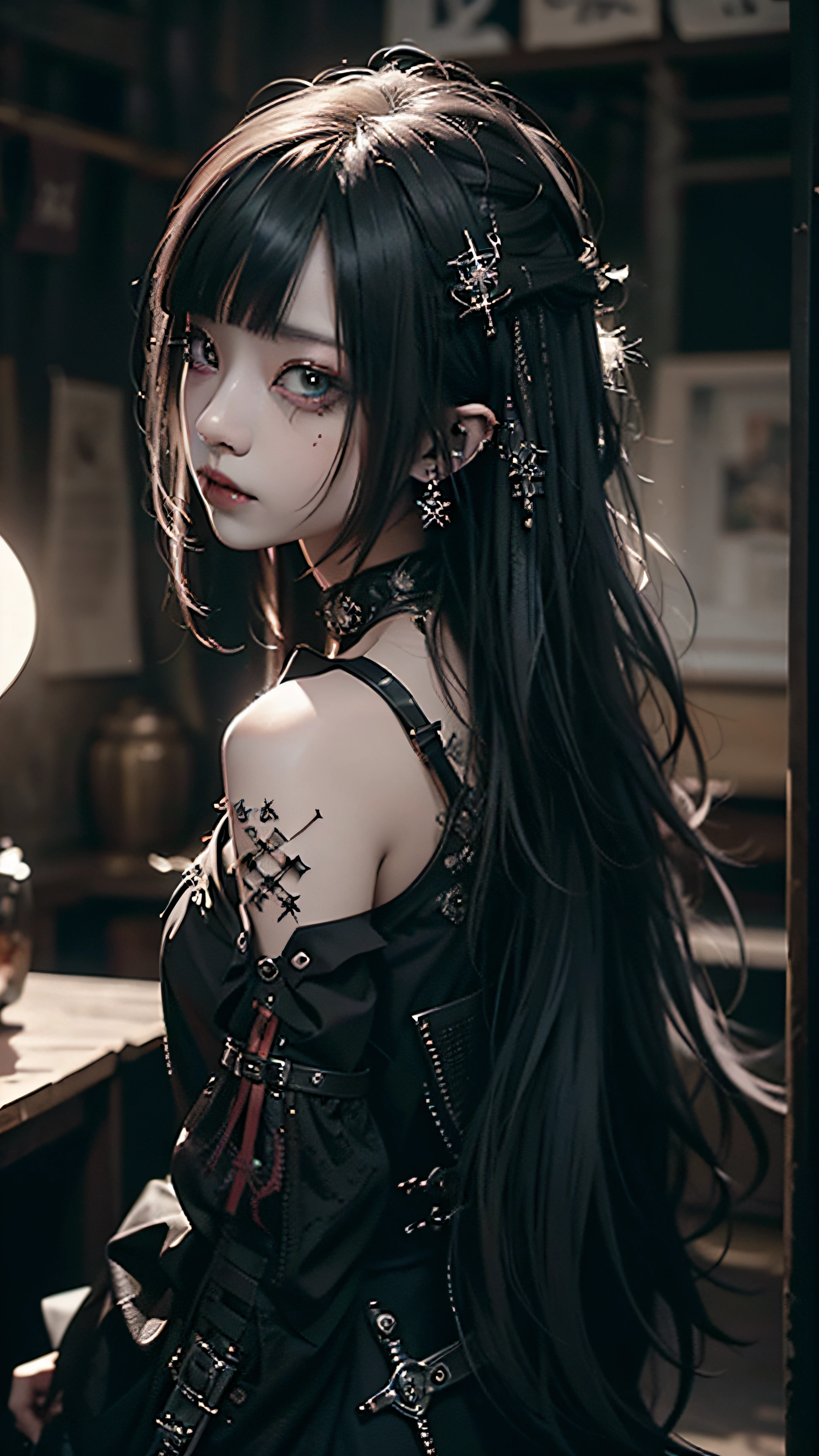 top-quality、8K、​masterpiece：1.3、Gothic punk、Red inner color、A dark-haired、hair adornments、a beauty girl、creative、dark fantasy style、Neogos、Goth Fashion：1.2、hight resolution、​masterpiece、top-quality、headw:1.3、((Hasselblad photo))、Fine-grained skin、Sharp Focus、(lighting like a movie)、Realistic texture m hair