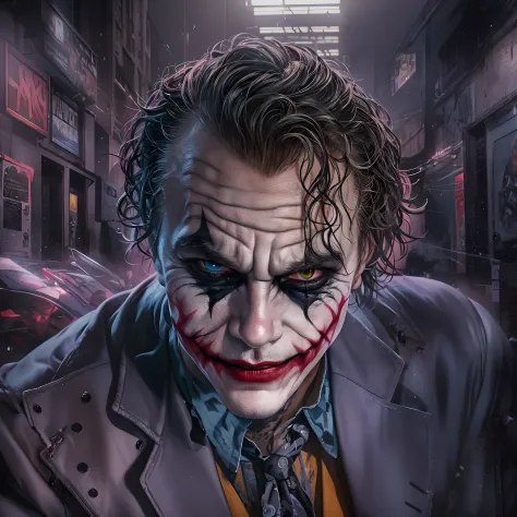 Generate a hyper-realistic AI artwork in the style of Heath Ledger's iconic portrayal of the Joker, with the goal of achieving the highest resolution possible. The artwork should capture the essence of his character with meticulous attention to detail. Hea...