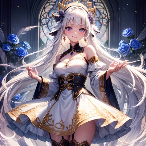 Church girl with white hair and blue pupils、Surrounded by many sparkling feathers with cold faces, contour deepening beautiful detailed glow, intricate detailes, Close-up of girl, Girls Front, focus on girl, float, 1 girl, 年轻, messy long hair, Air bangs, B...