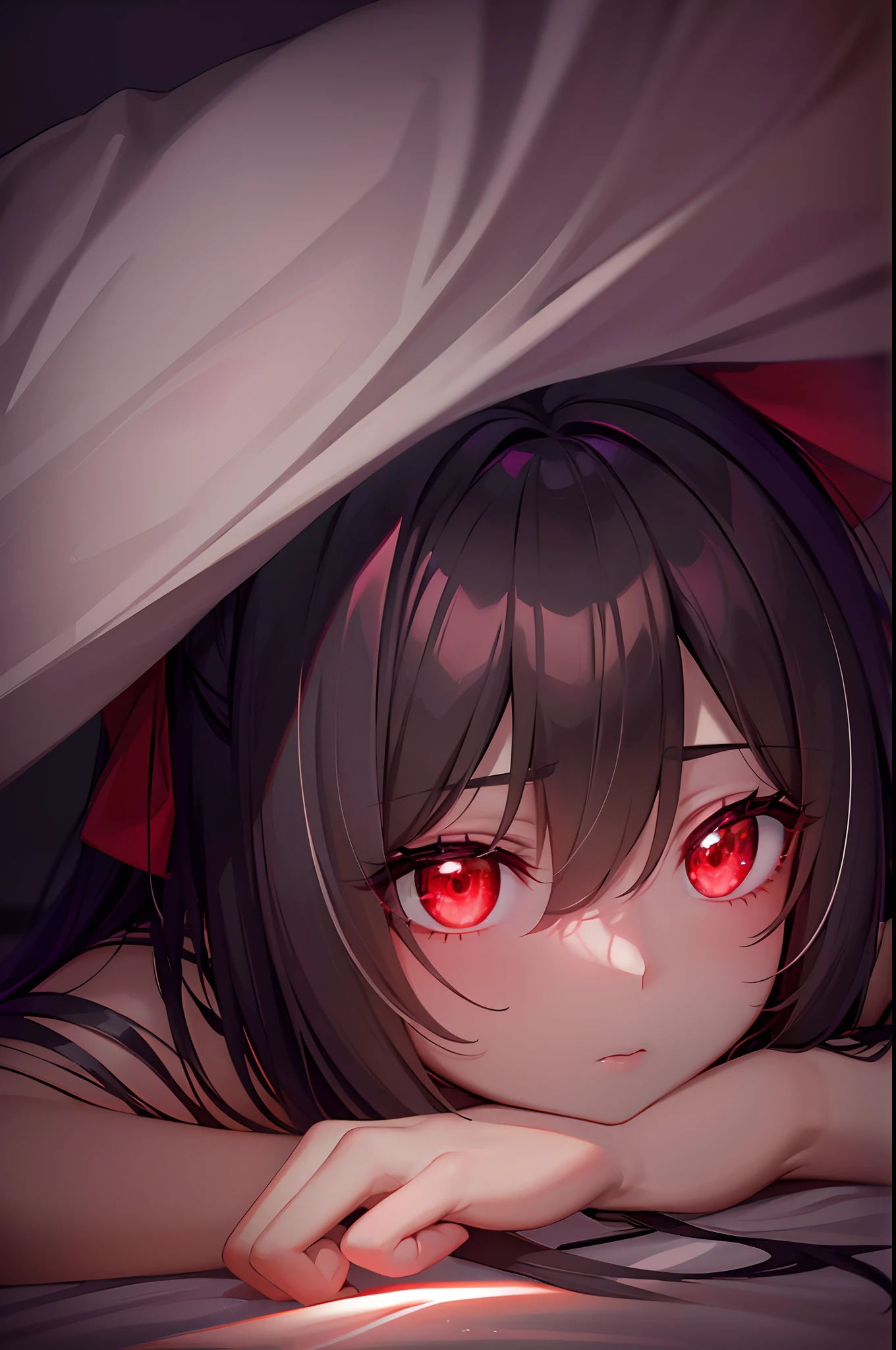 Anime girl with red eyes laying in bed under a blanket - SeaArt AI