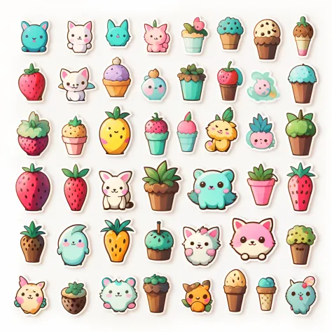 Individual stickers， 1sticker， （ice cream），（cookies），  white background， nothing background， simple background， dk， adorable， pastel colour， vector style， no gradient，Refinement。Various fruits，All kinds of cute animals