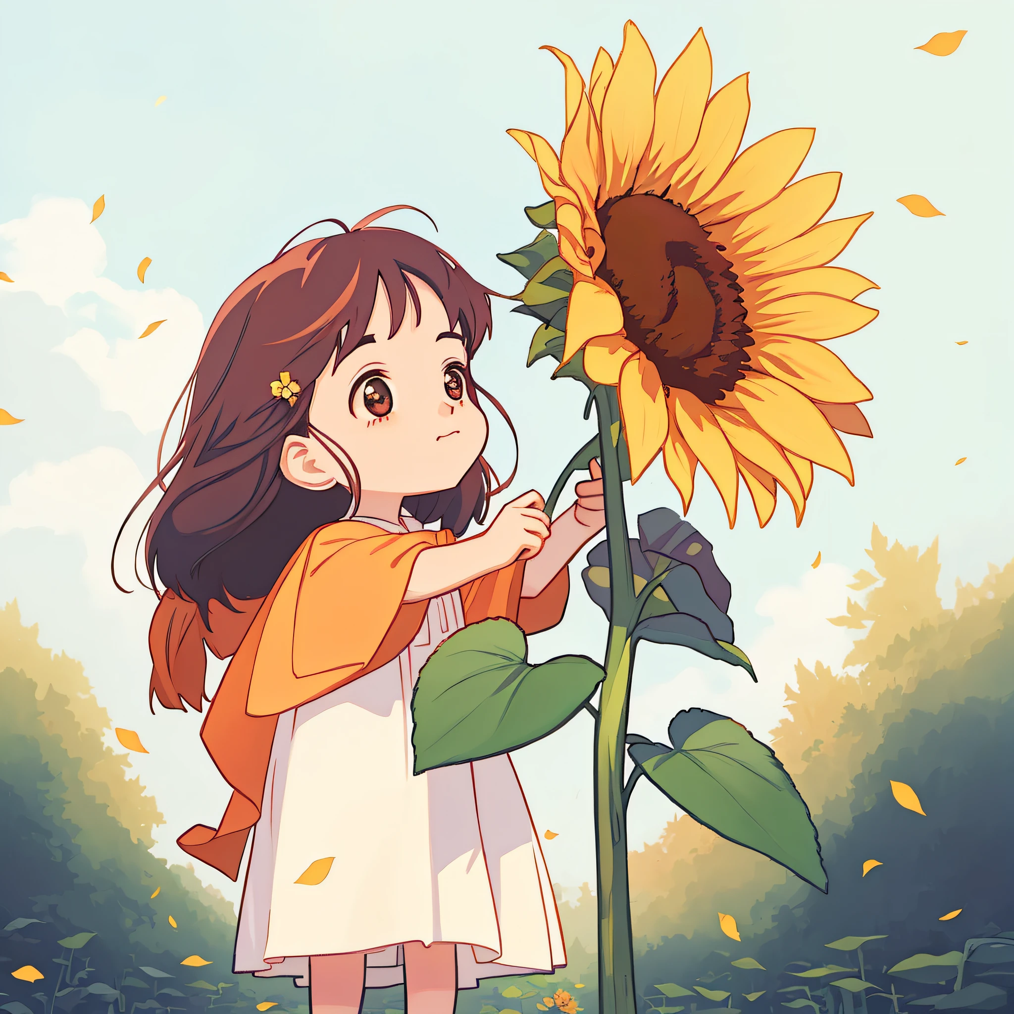 Girasoles en mano，Chica anime sosteniendo girasoles en sus manos, hermosa chica anime girasol, fanart oficial, arte oficial, Fanart de alta calidad, encantador estilo de arte, lindo anime, fanart detallado, anime visual de una linda chica, 🍁 lindo, estilo artístico de estudio ghibli, recogiendo una flor, estudio ghibli luz del sol, Atey Ghailan 8K, fotos de anime