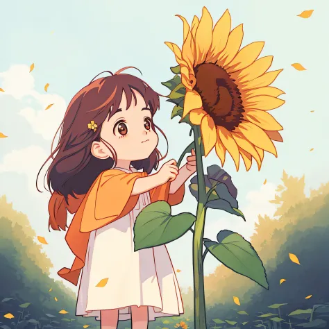 Sunflowers in hand，Anime girl holding sunflowers in her hands, beautiful sunflower anime girl, official fanart, offcial art, Hig...