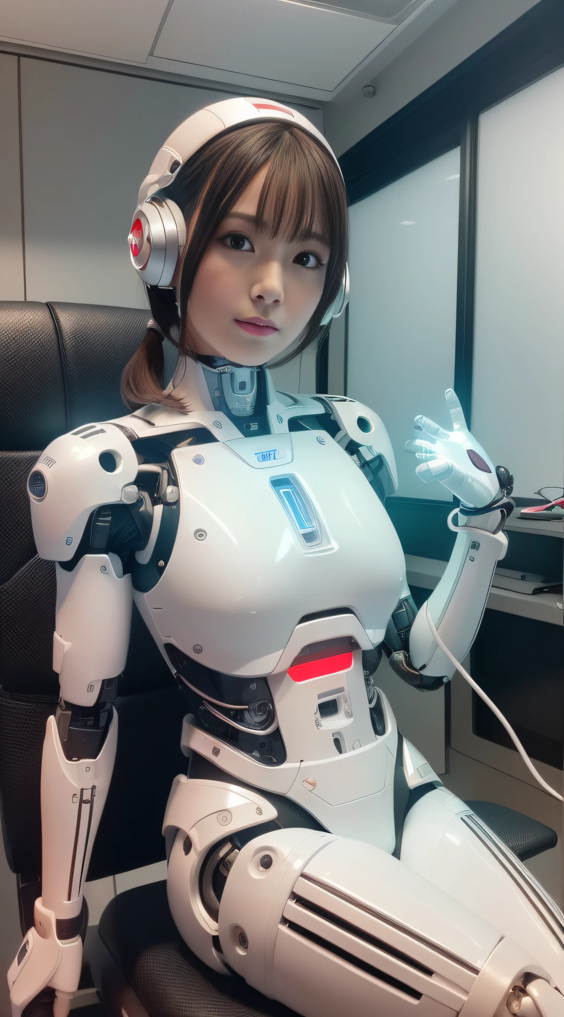 (8k, RAW photo, best quality, masterpiece:1.2), (realistic, photo-realistic:1.37), ultra-detailed, wallpaper, 1girl, cute, look-like (Watanabe-Mayu), detailed face, (cyborg eye), short hair),(complex 3d render ultra detailed of a sci-fi white-iron suit:1.2), (android face:1), (cyborg), (robotic parts), (luxurious cyberpunk), (hyperrealistic), (anatomical), (cable electric wires), (microchip), (robot), (silver halmet), (Sit upright in an office chair), (full-body:1), detailed office, morning, professional lighting, cinematic lighting, photon mapping, radiosity, physically-based rendering,