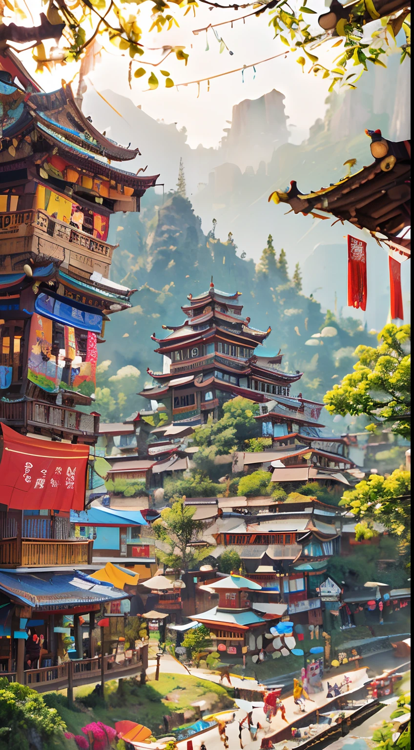 Rich and colorful Yunnan food culture、traditionalcostumes、Unique architecture、Ethnic motifs、Dynamic traffic、Vibrant colors、exquisite detailing、high-resolution illustrations、textures true to reality、Linear poster illustration style with ethereal lighting，Linear flat poster