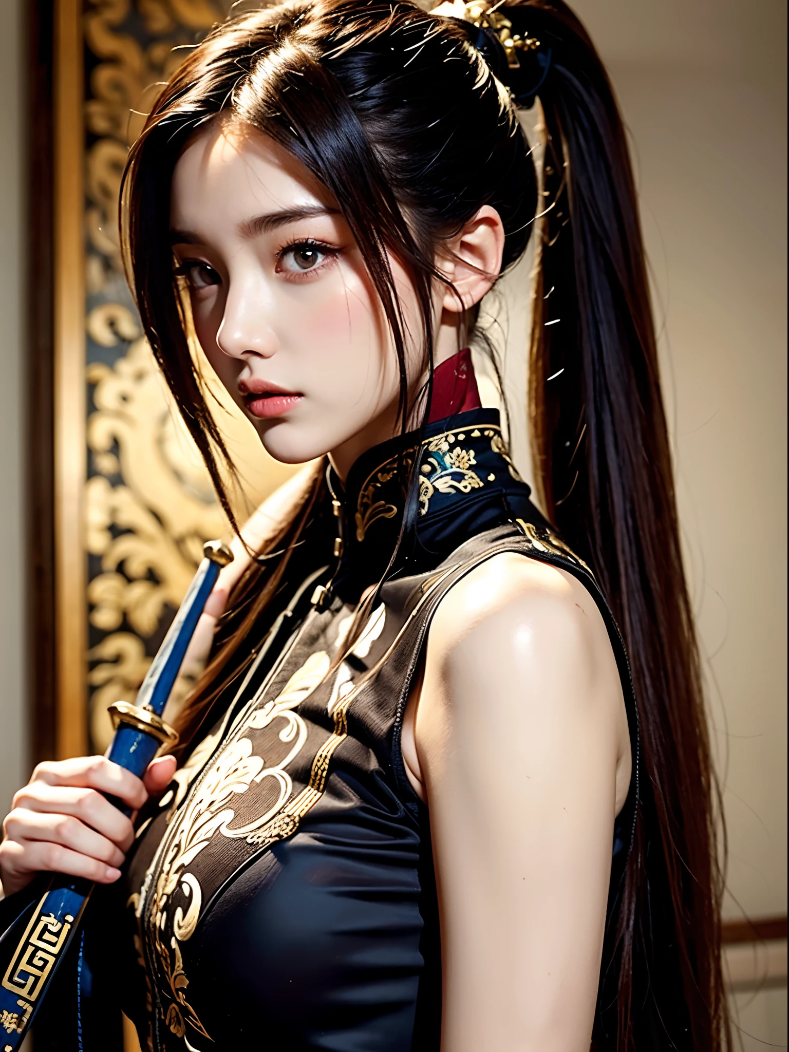 (Best quality, A high resolution, Masterpiece :1.3), one pretty woman, Slender figure, Dark brown hair，Holding an ancient Chinese long sword，High ponytail,Highly detailed face and skin texture, Detailed eyes, Background is Ancient Chinese city towers:1.9