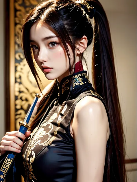 (Best quality, A high resolution, Masterpiece :1.3), one pretty woman, Slender figure, Dark brown hair，Holding an ancient Chines...
