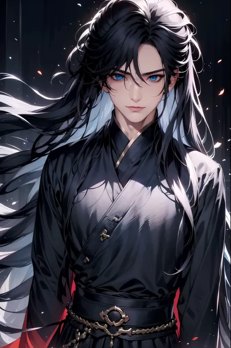 1boys, cabelos preto e longos，Outfit in black，独奏，（the night：1.2）long whitr hair, Blue eyes,