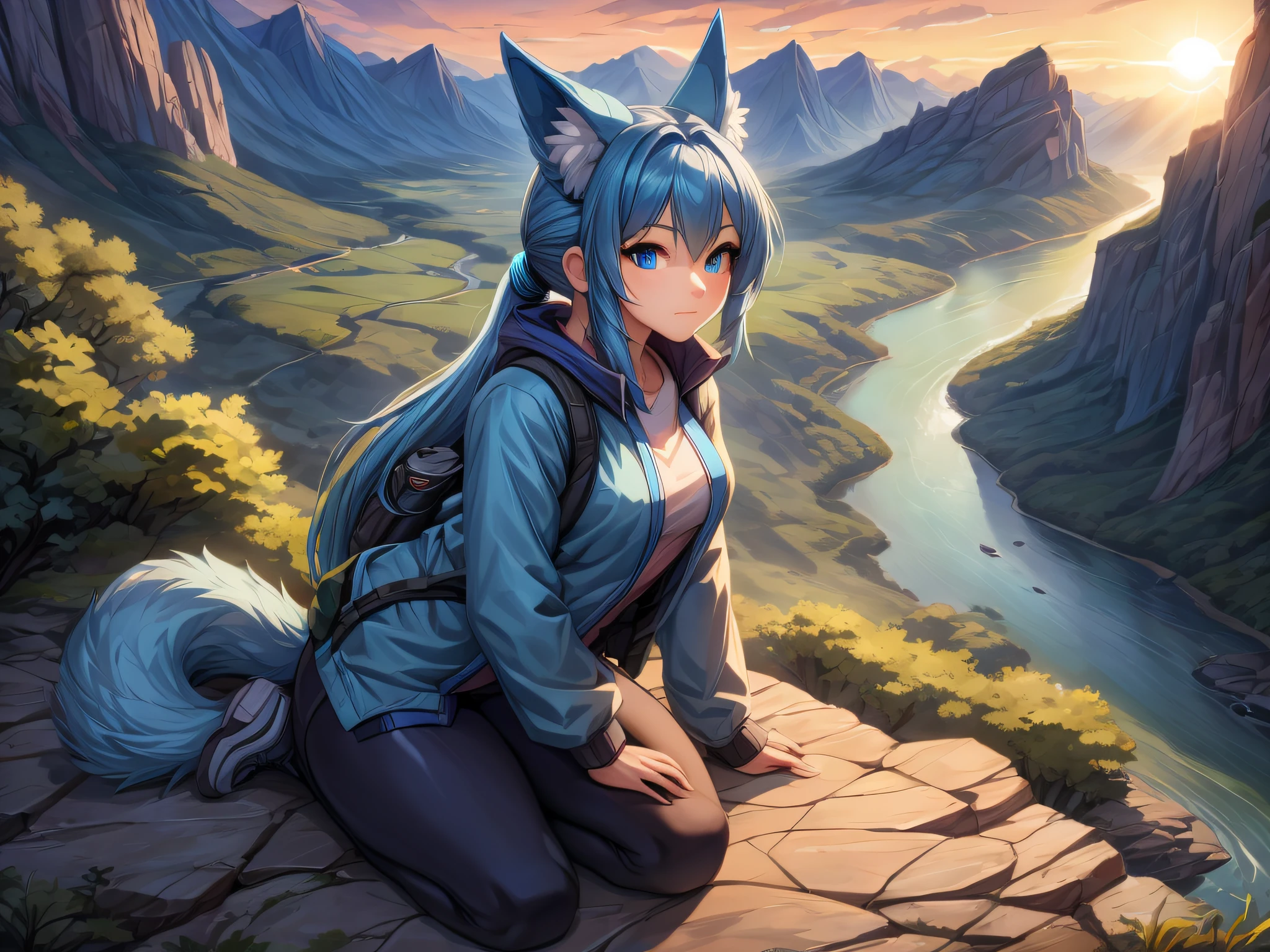 (Masterpiece) (High Detail) (High Res) A short humanoid girl with pale human skin and blue eyes and long blue hair and blue dog ears and a big fluffy dog tail is sat on the top of a cliff, looking down at an impressive valley of scenery, river forest and landscape below. The sun is setting. Sunset. Landscape. She is wearing hiking gear, a coat, leggings, and her hair is in a ponytail.