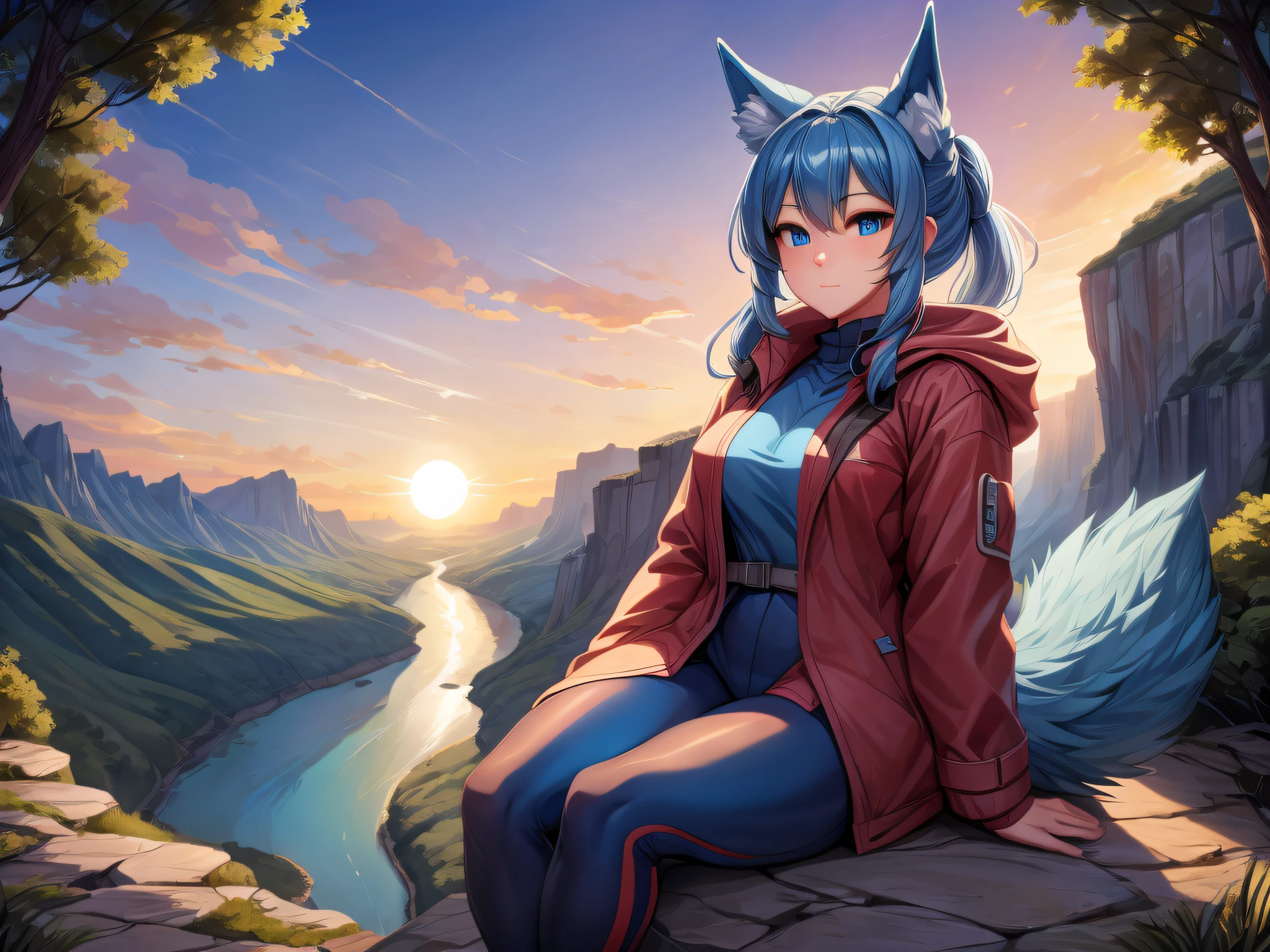 (Masterpiece) (High Detail) (High Res) A short humanoid girl with pale human skin and blue eyes and long blue hair and blue dog ears and a big fluffy dog tail is sat on the top of a cliff, looking down at an impressive valley of scenery, river forest and landscape below. The sun is setting. Sunset. Landscape. She is wearing hiking gear, a coat, leggings, and her hair is in a ponytail.