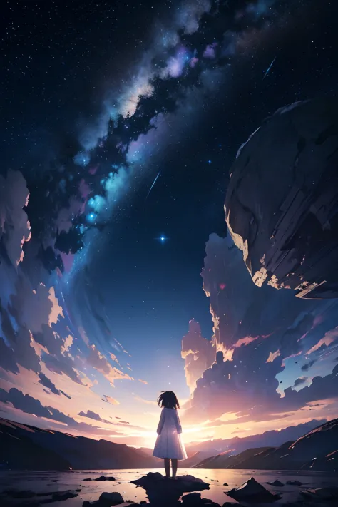 ​masterpiece、Background with（（Fantastic starry sky、kosmos、Meteor swarm、black hole、Irridescent color））depth（（planetes））、A person is standing in the distance、A little girl wearing a white dress that you can't see