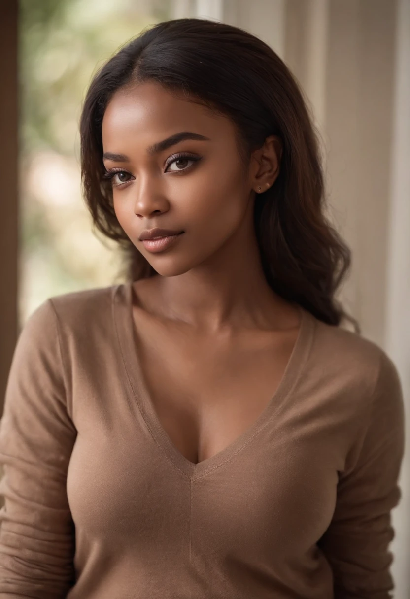 high quality, young black woman, light skn, thick thighs, hyper detailed perfect brown eyes, tight knit shirt, sexy,