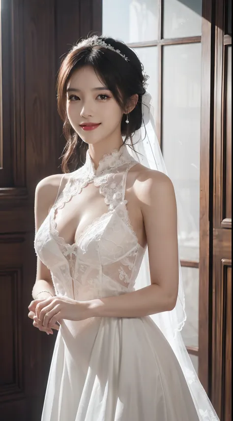 (Very detailed, reasonable design, Clear lines,Best quality, Masterpiece,Light and dark Canon photography is crystal clear ，Large breasts，cropped shoulders，Lace（realisticlying:1.2）Beautiful woman in white wedding dress，Smile
