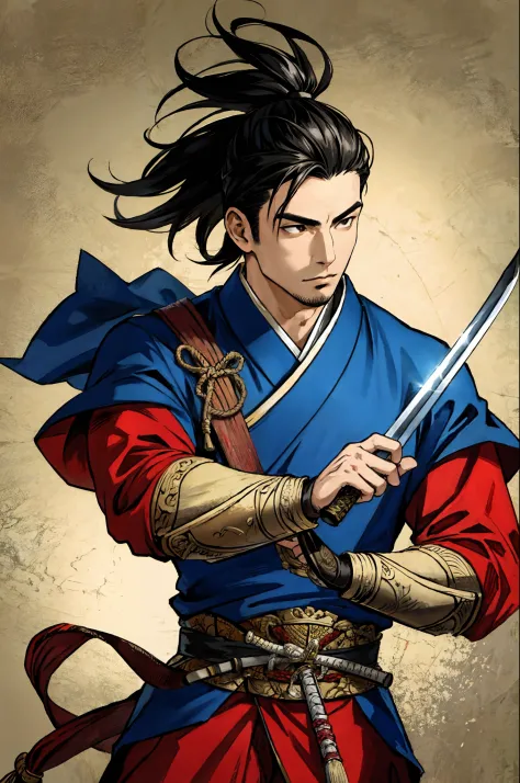 (best quality),  detailed background, oriental warrior,man,combat arts, holding holding sword,