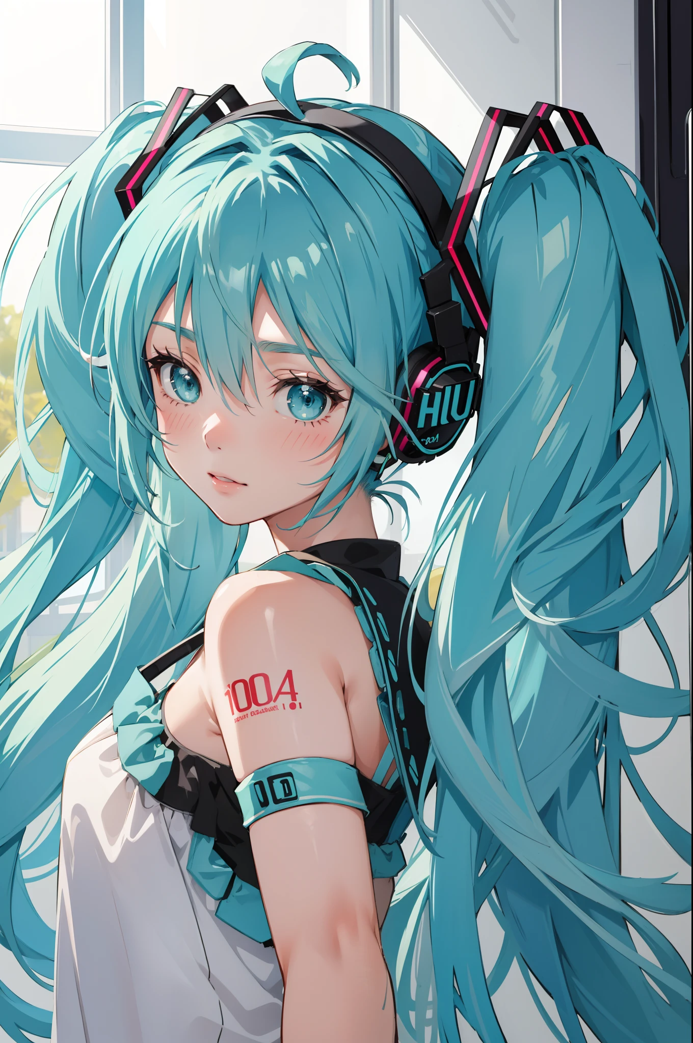 (Meisterwerk, beste Qualität),  komplizierte Details,
1 Mädchen,  miku hatsune, Ahoge, Aqua Augen, Aqua-Haar, gekreuzter Pony, Haare zwischen den Augen, Haarverzierung, Kopfhörer, lange Haare, Zwillingsschwänze,tube top, Jeansshorts, in einem Hightech-Raumschiff