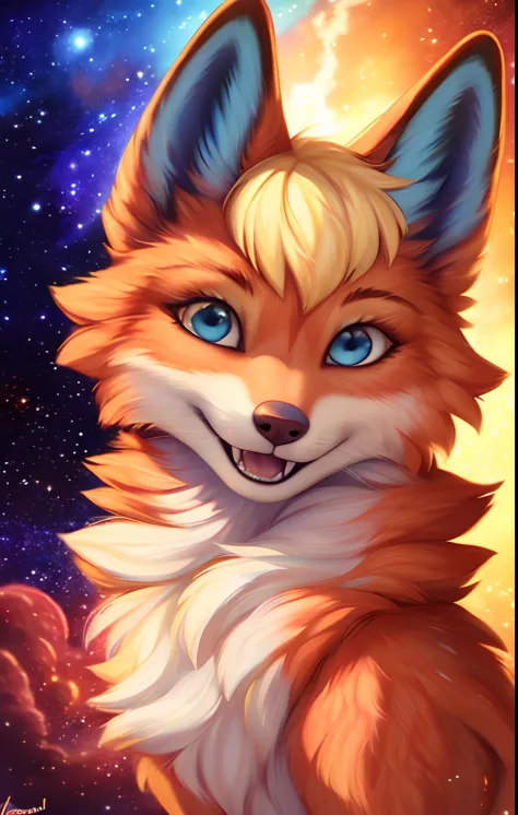 wolf,orange fur, white fur,space, stars, happy, mouth open, teeth, smile, looking at viewer, honoy hioshiru personalami,tail,blue ears, (head portrait), posing, nebula, outside,anthro, blue eyes, solo,(blonde hair tuft),pupils