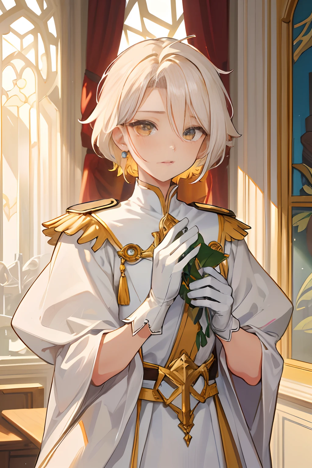 prinz，children's，1boys，Yellow decoration，citrine，Pedras preciosas，starlights，Depicts delicate eyes，Opal eyes，Depict delicate facial features，White uniform，Maximalism，Sophisticated design，White gloves，goth style，Priesthood dress，ribbon，with short white hair，Messy hair, Soft and fluffy hair, hair between eye，extreme hight detail，Delicate depiction，Orange eyes，Except for yellow，All colors are low saturation，Only yellow is the most conspicuous，royal house，ellegance，glorious，royal robe