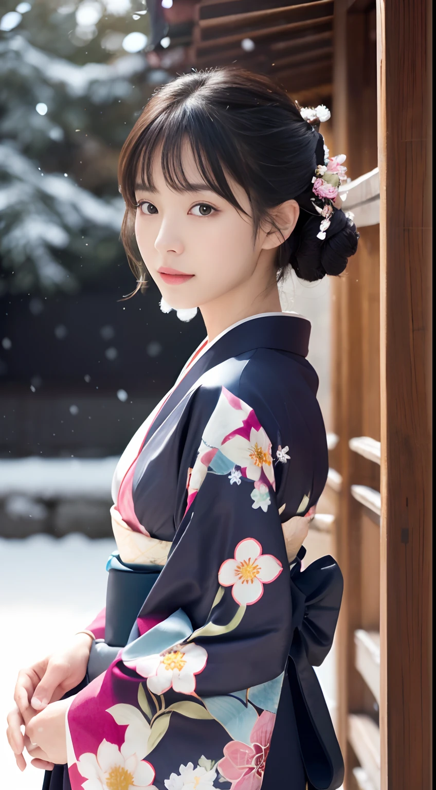 (Kimono)、、(top-quality,​masterpiece:1.3,超A high resolution,),(ultra-detailliert,Caustics),(Photorealsitic:1.4,RAW shooting,)Ultra-realistic capture,A highly detailed,High resolution 16K high resolution image of a woman in a kimono，resolutionfor human skin、 Skin texture is natural、、The skin looks healthy with an even tone、 Use natural light and color,One Woman,japanes,,kawaii,A dark-haired,Middle hair,(Falling snow:1.3)、(Hair swaying in the wind:1.2)、In front of the shrine，