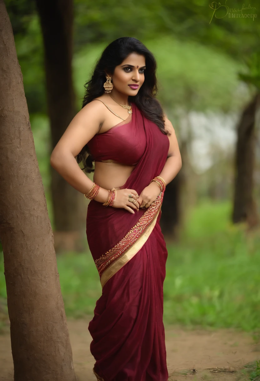 Desi Bhabhi In Maroon Sari, topless, 34 d breasts - SeaArt AI