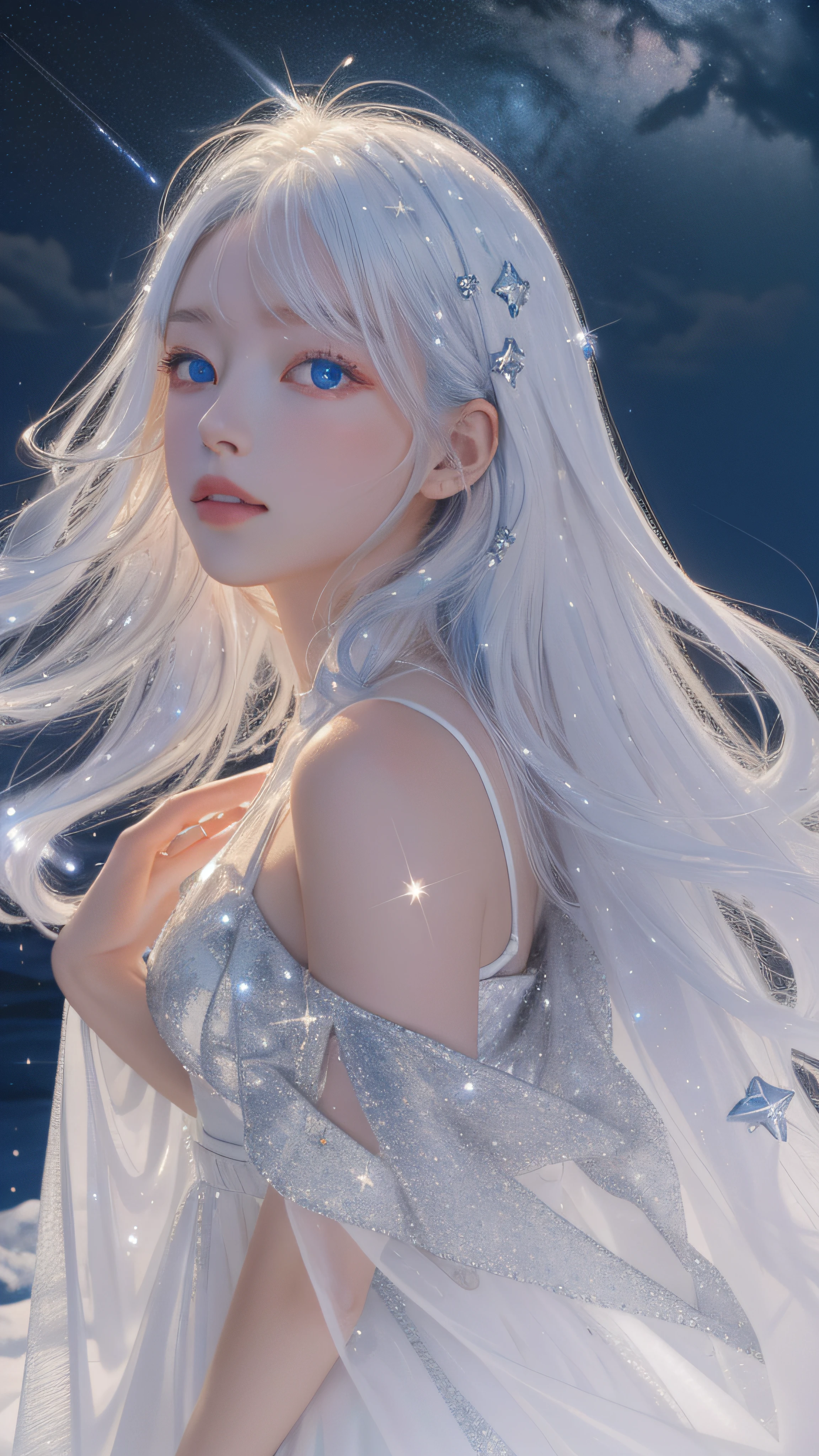 Masterpiece, Best quality,A high resolution, 1girll, Long_White_Hair, Stars in Eyes, See_Through, (((shimmering dazzling lighting))), (luminous), detailed shadow, meteors, stars, milky ways, Starcloud, Star in white dress, Messy floating hair, Colored inner hair, Starry sky adorns hair, Chiffon, Tulles, Stars, White theme